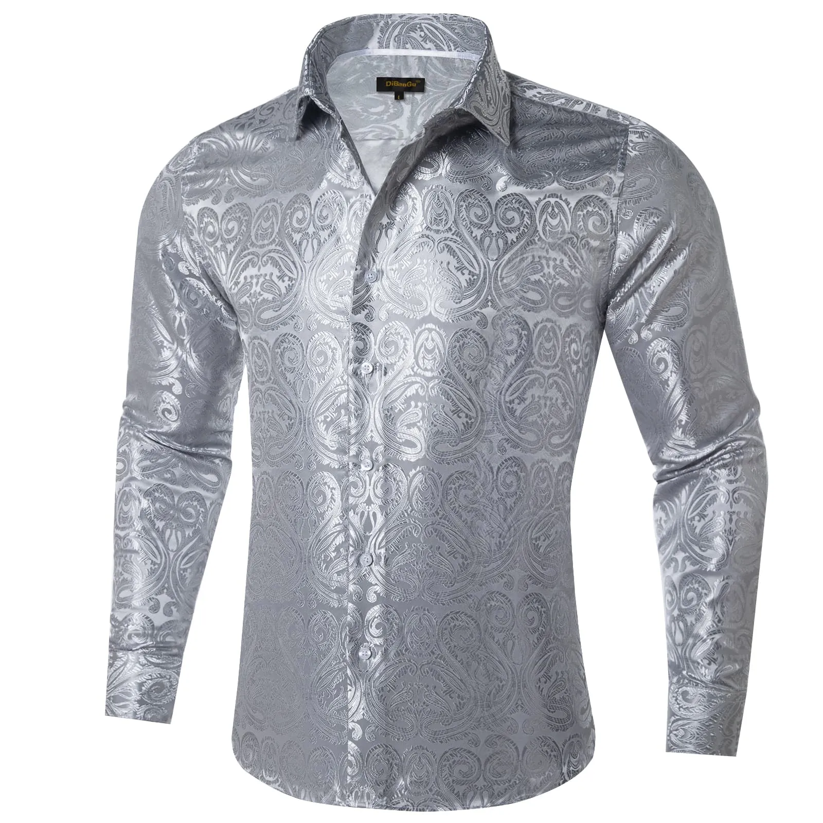 DiBanGu Shirt for Men Manatee Grey Paisley Long Sleeve Silk Button Up Dress Work Shirt