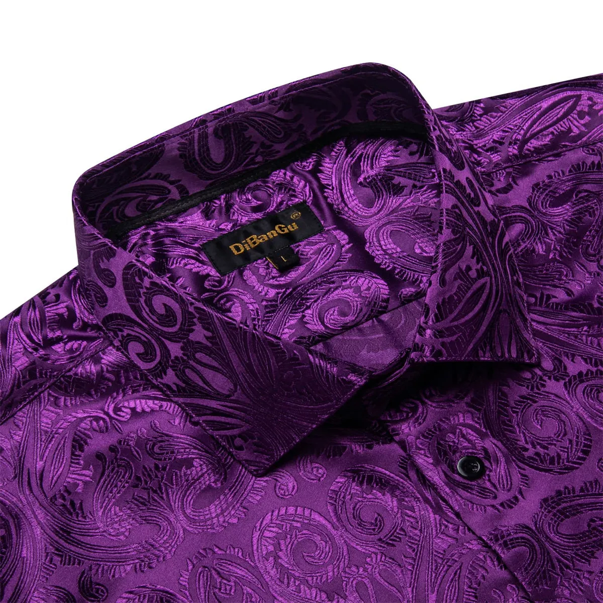 DiBanGu Shirt for Men Palatinate Purple Paisley Silk Button Up Long Sleeve Shirt