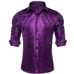 DiBanGu Shirt for Men Palatinate Purple Paisley Silk Button Up Long Sleeve Shirt