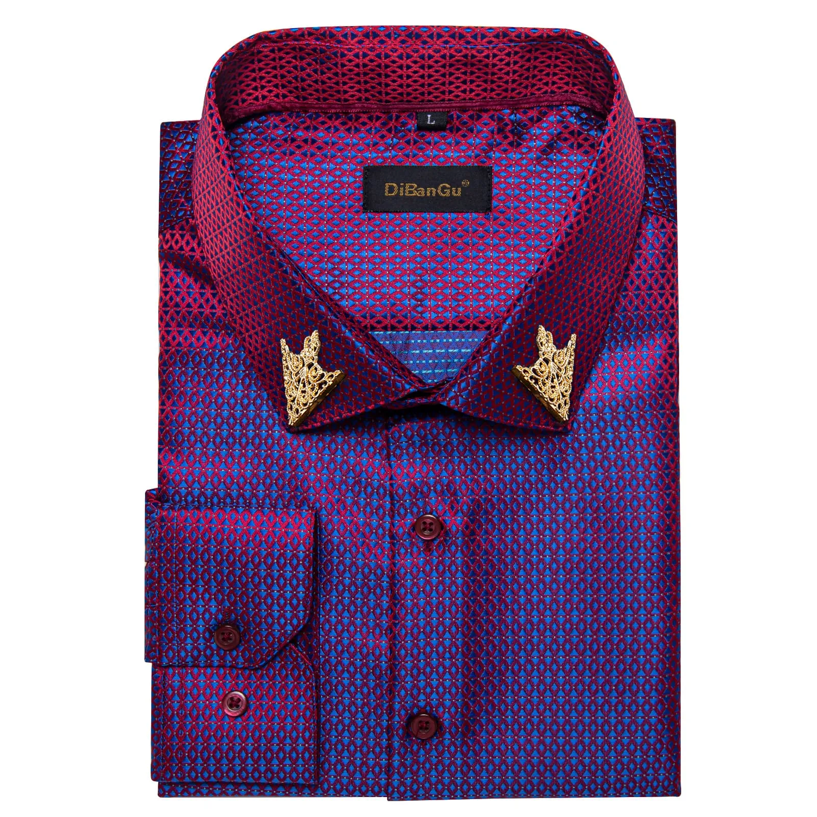 DiBanGu Tuxedo Shirt Blue Red Geometric Silk Button Up Men's Long Sleeve Dress Shirt