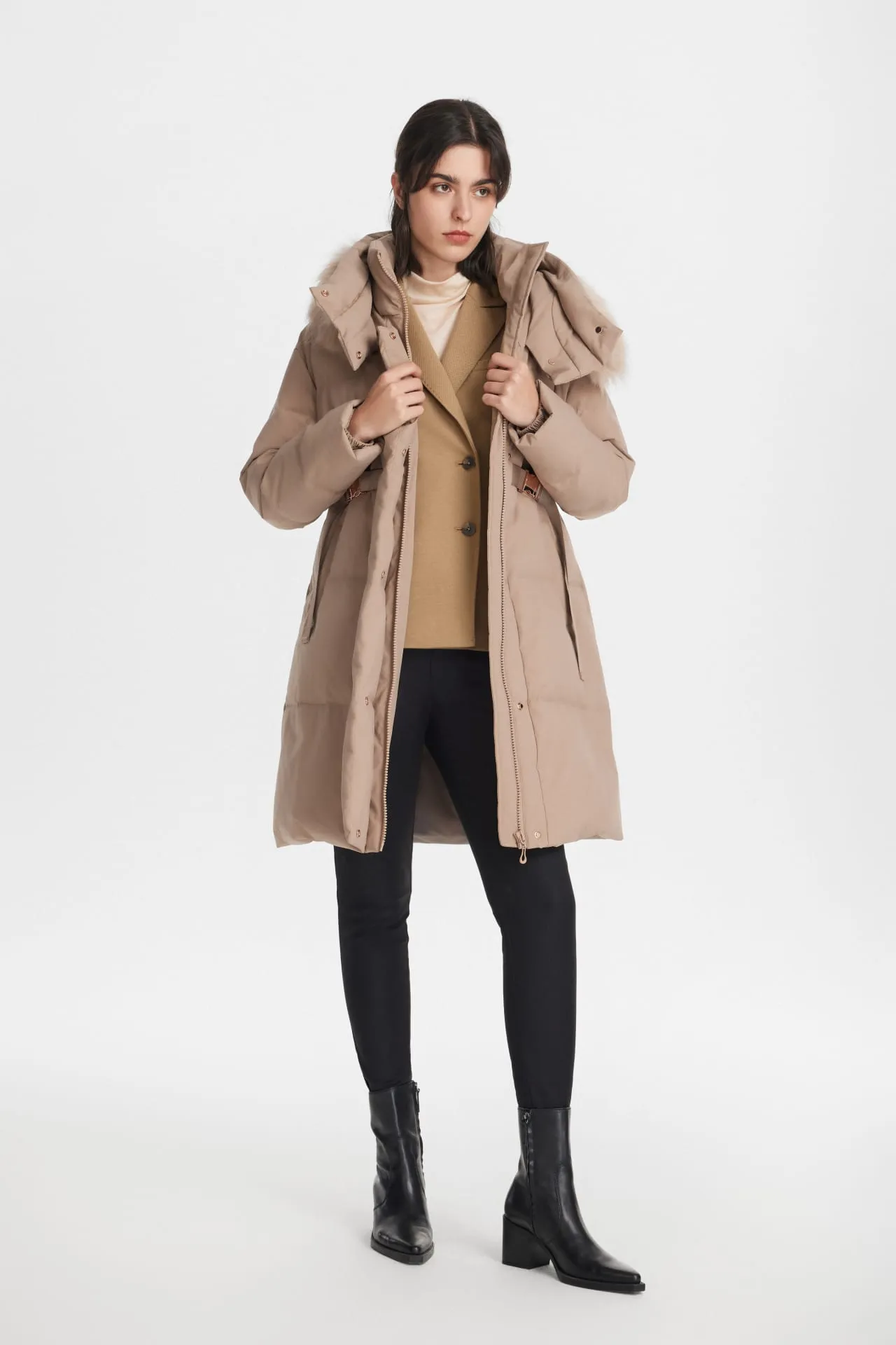 Down Coat with Adjustable Waist Belt