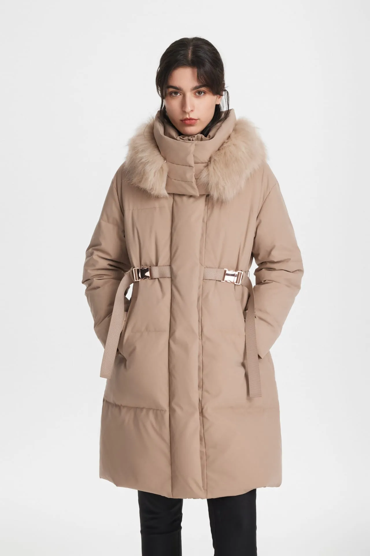 Down Coat with Adjustable Waist Belt