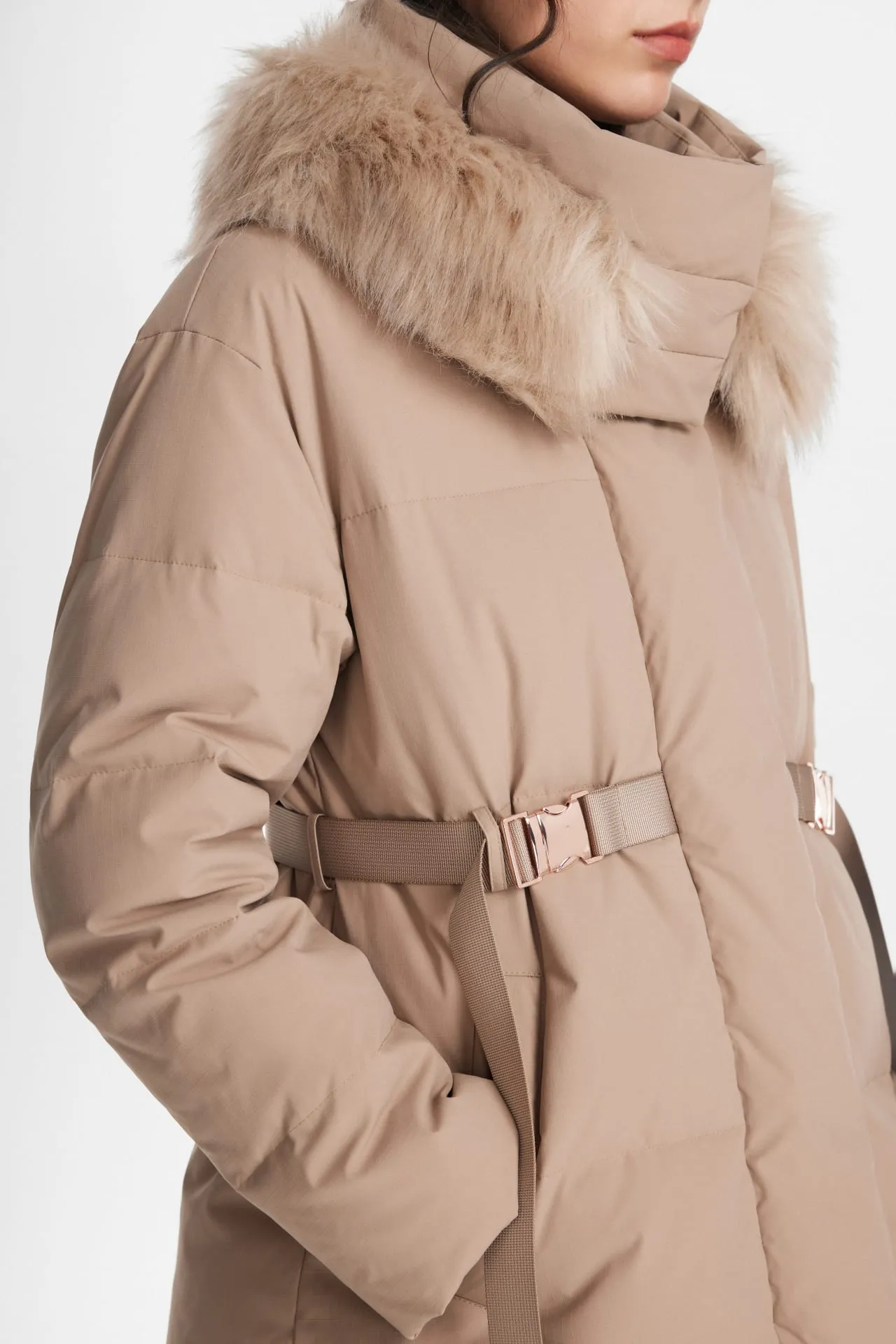 Down Coat with Adjustable Waist Belt