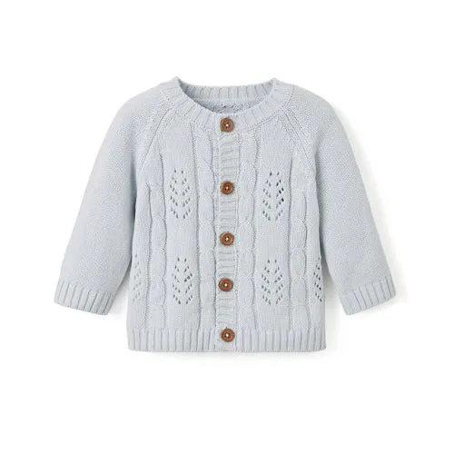 Elegant Baby Leaf Pointelle Knit Cardigan - Pale Blue