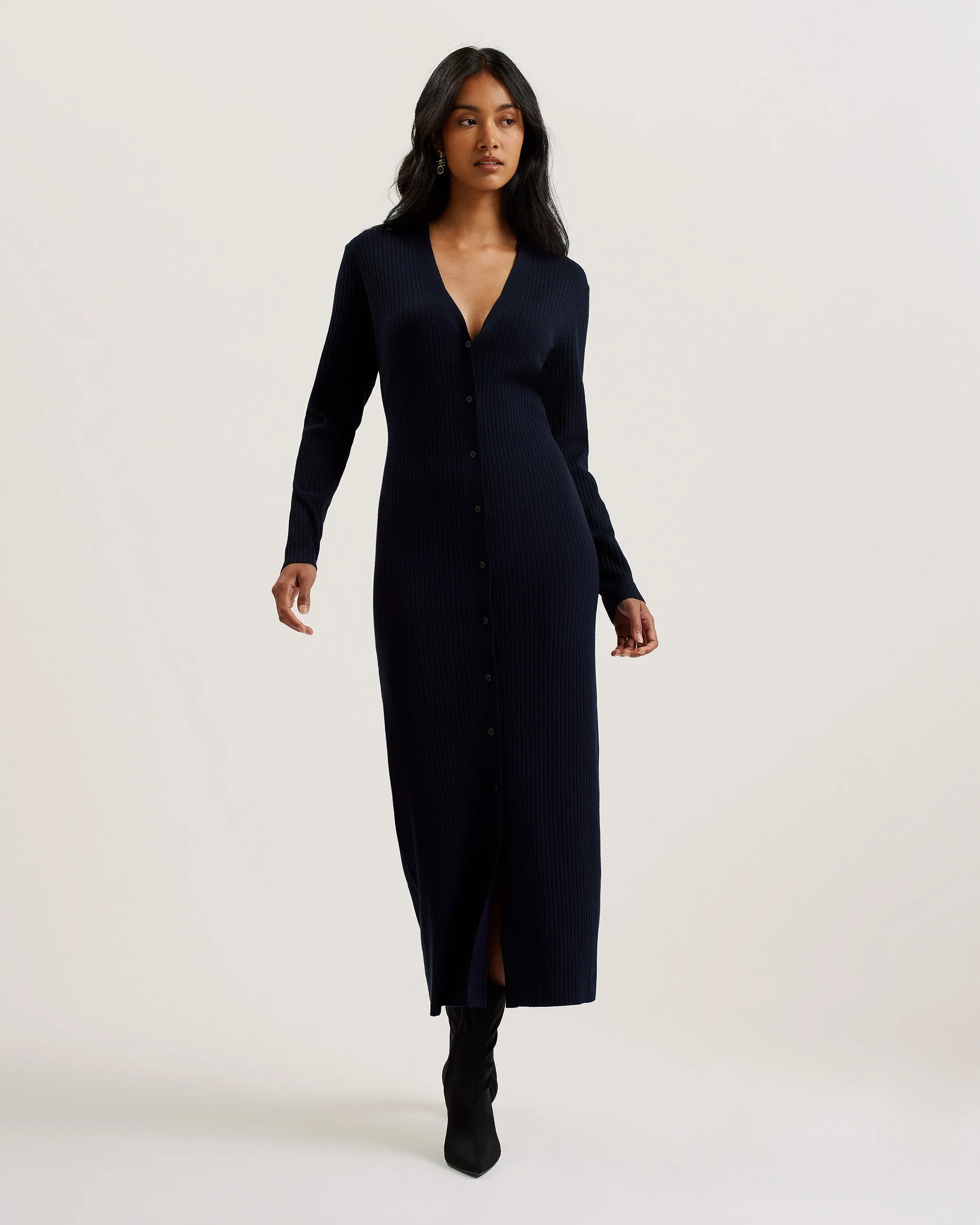 Elmhaa Ribbed Knitted V Neck Maxi Cardigan Navy