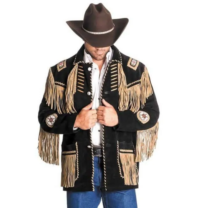 Fringed, Southwest Black & Tan Genuine Suede Jacket, Men Western Jacket