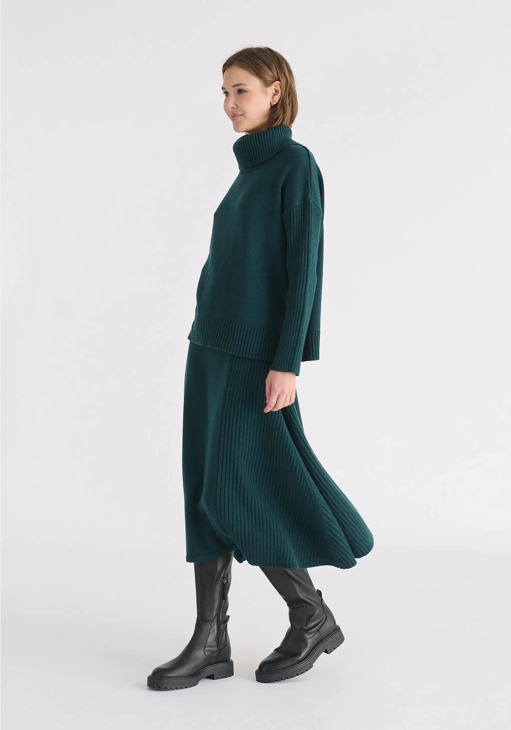 Green Polo Neck Jumper With Ribbed Details