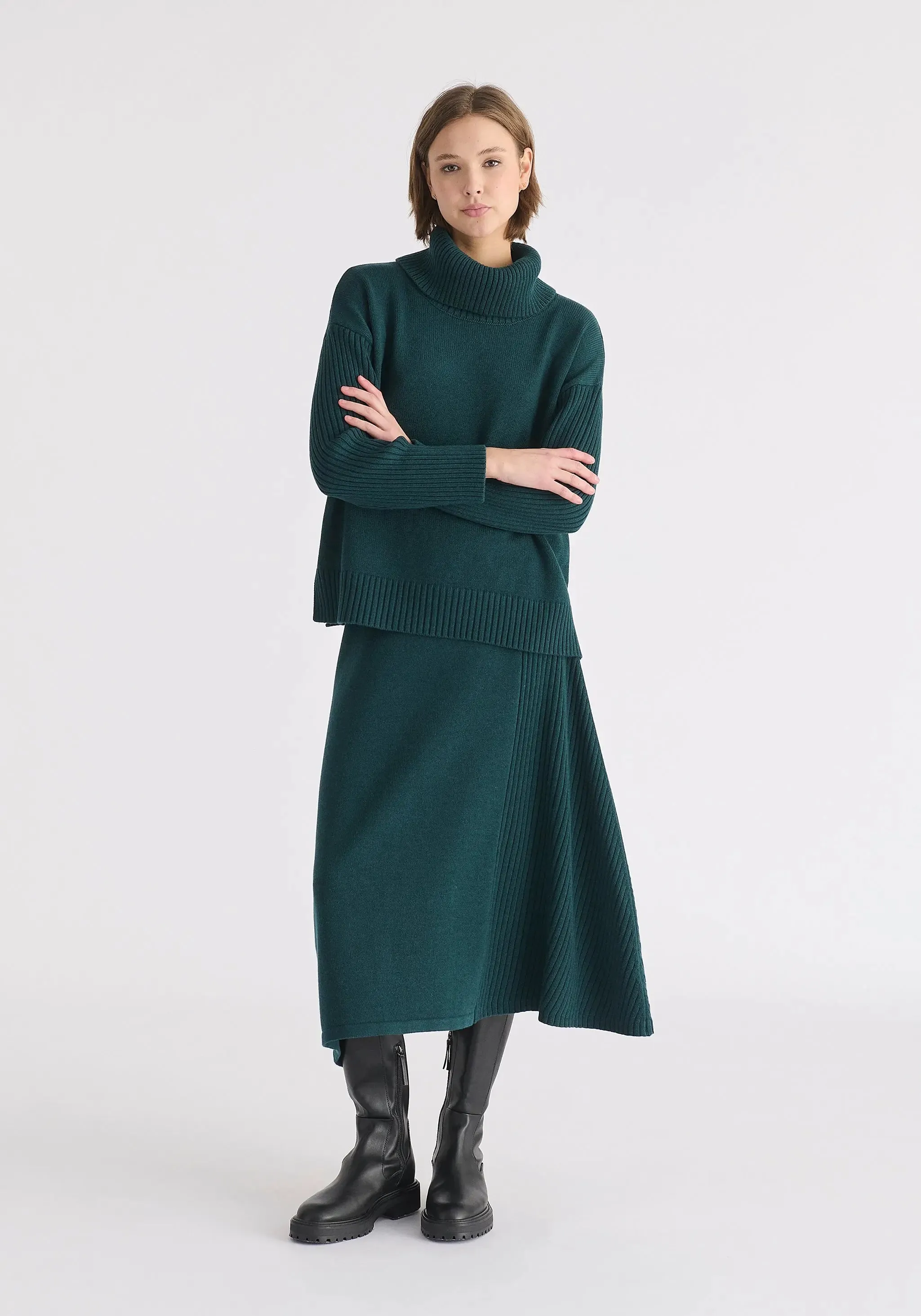 Green Polo Neck Jumper With Ribbed Details