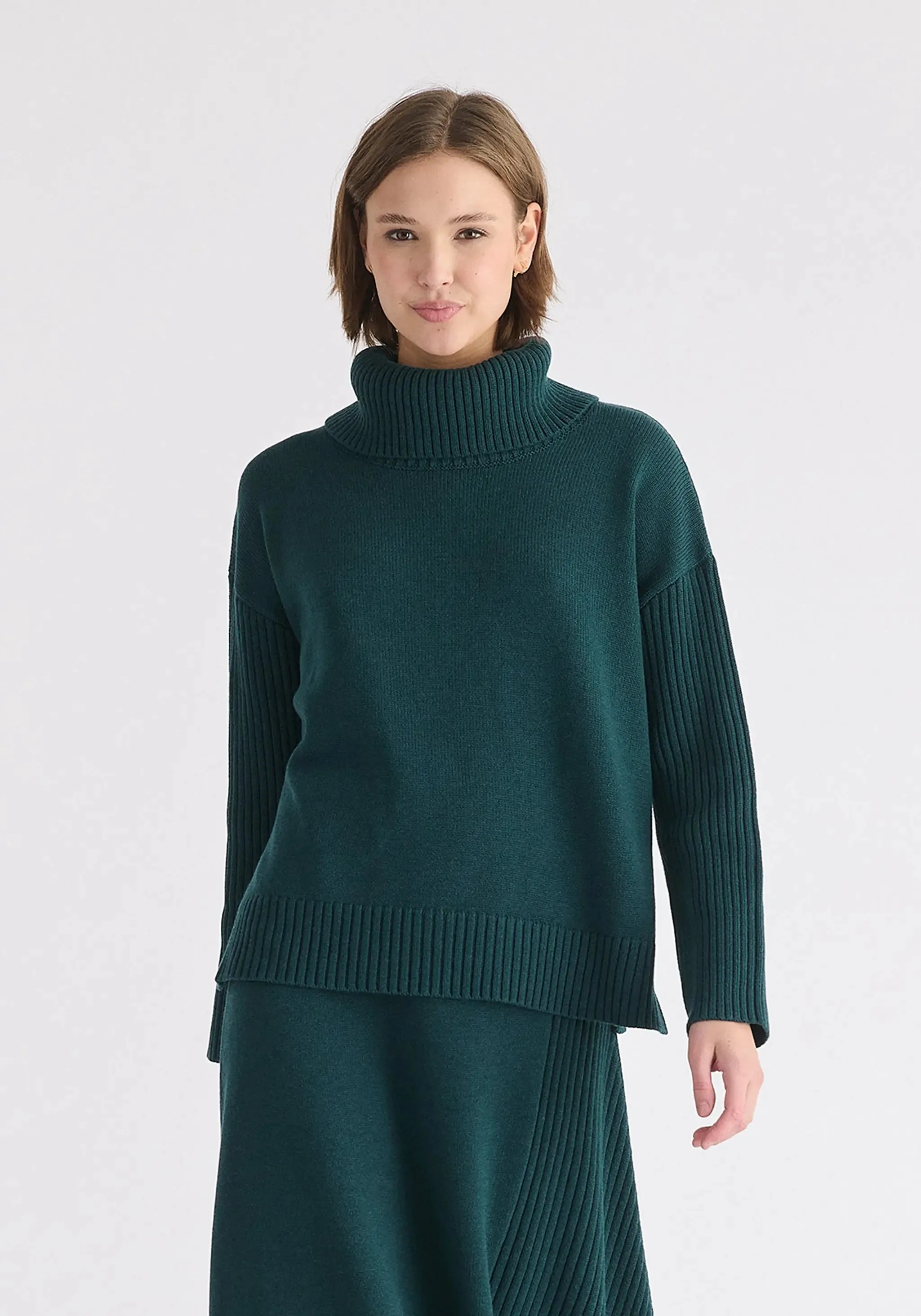 Green Polo Neck Jumper With Ribbed Details