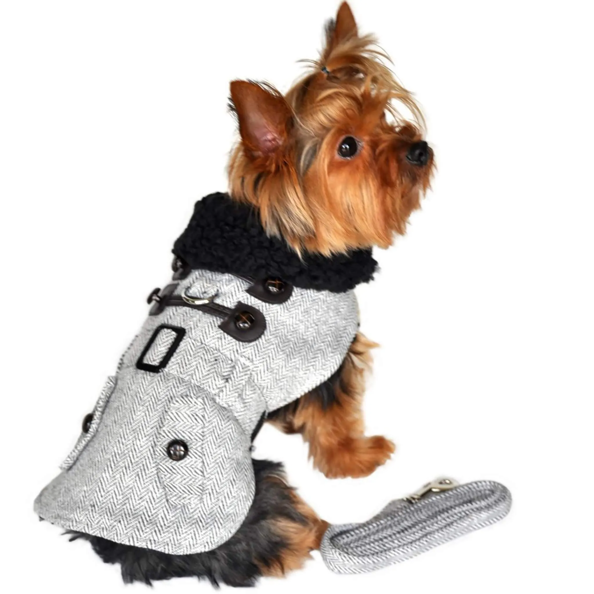 Grey Herringbone Dog Harness Coat with Matching Leash