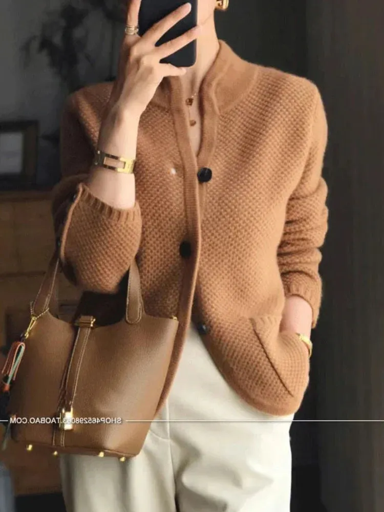 High-end Cashmere Wool Long Sleeve Half High Collar Cardigan