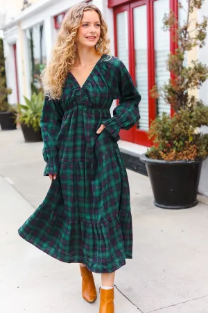 Hunter Green Plaid Elastic V Neck Tiered Maxi Dress