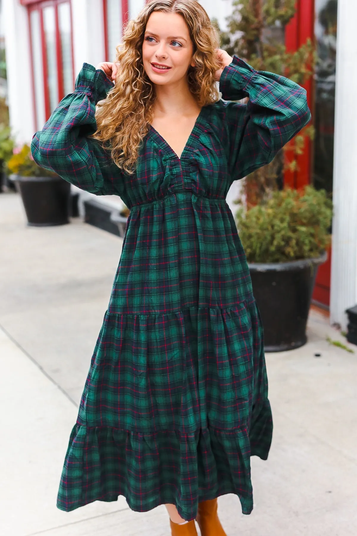 Hunter Green Plaid Elastic V Neck Tiered Maxi Dress