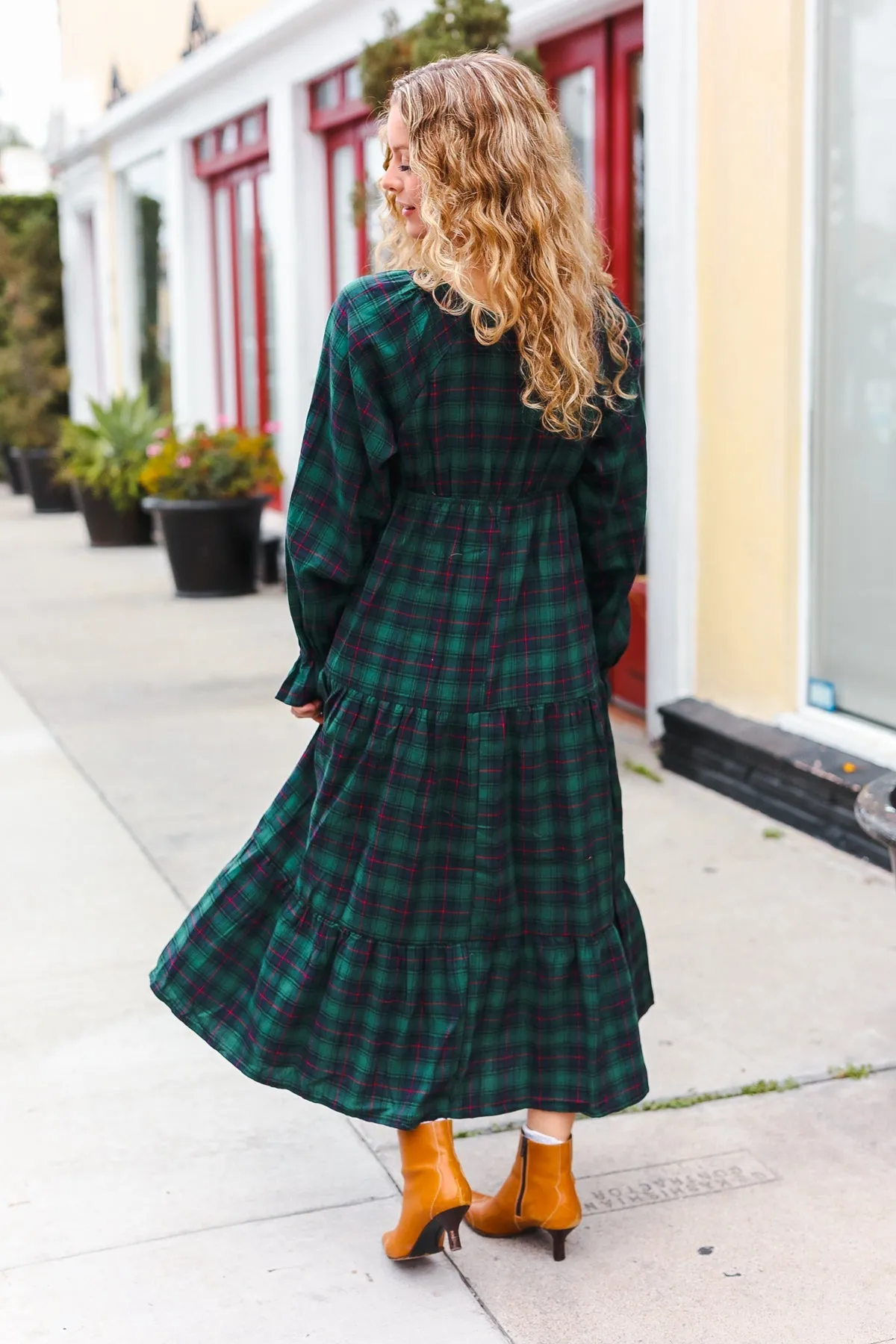 Hunter Green Plaid Elastic V Neck Tiered Maxi Dress