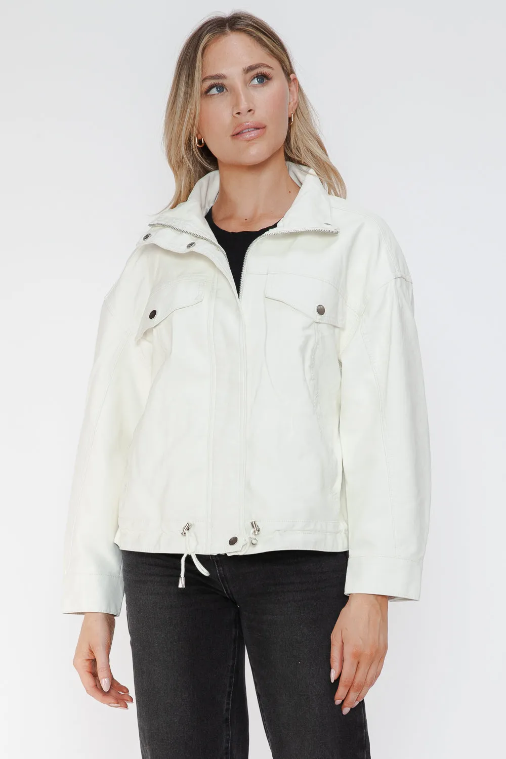 kesley How Dare U Drawstring Hem PU Leather Zip Up Jacket