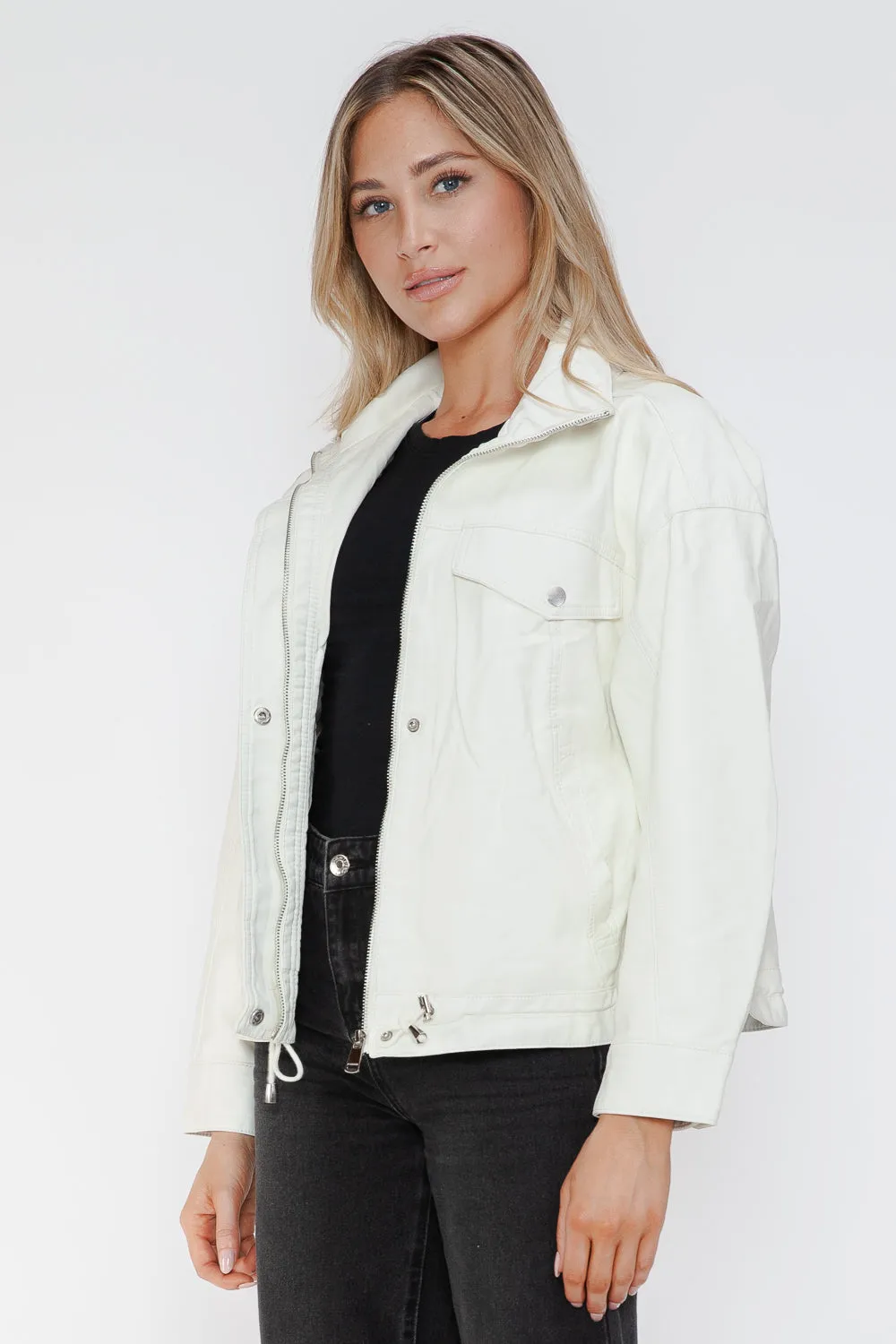 kesley How Dare U Drawstring Hem PU Leather Zip Up Jacket