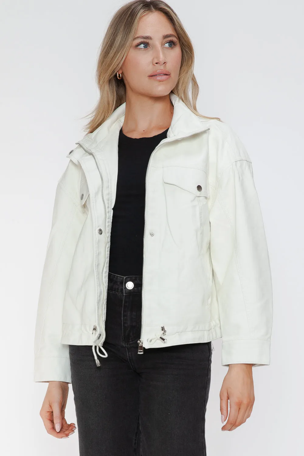 kesley How Dare U Drawstring Hem PU Leather Zip Up Jacket