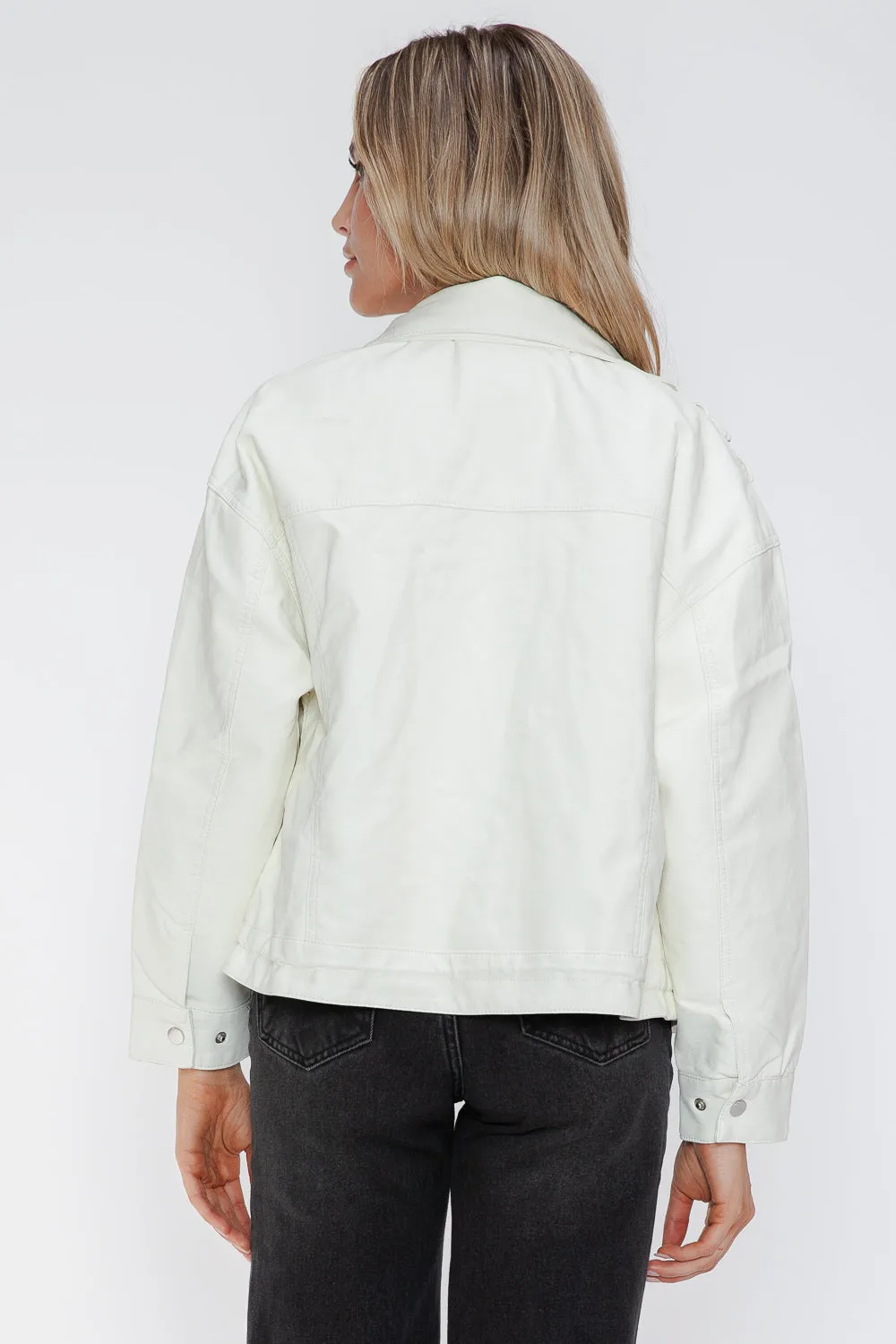 kesley How Dare U Drawstring Hem PU Leather Zip Up Jacket