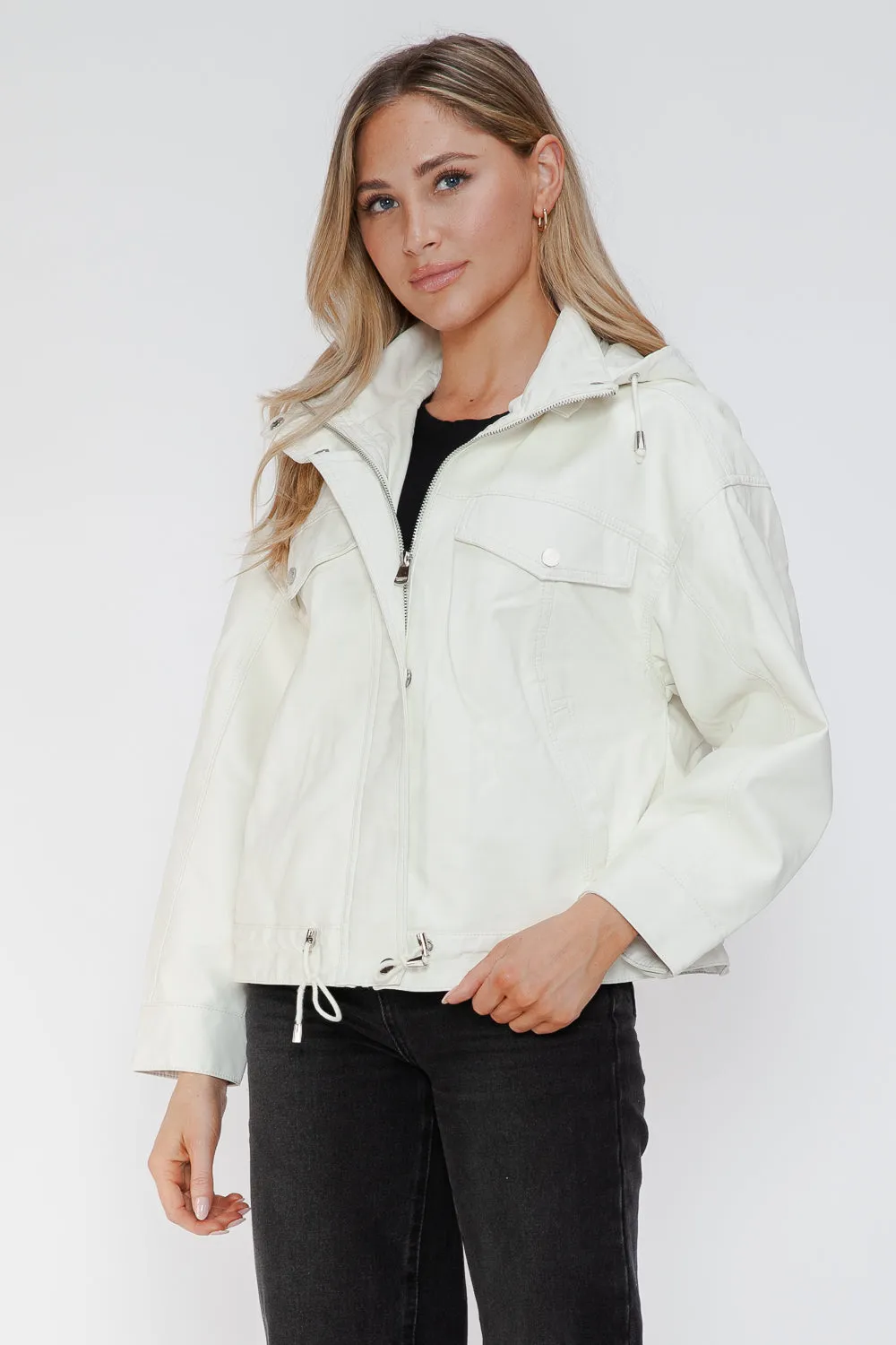 kesley How Dare U Drawstring Hem PU Leather Zip Up Jacket