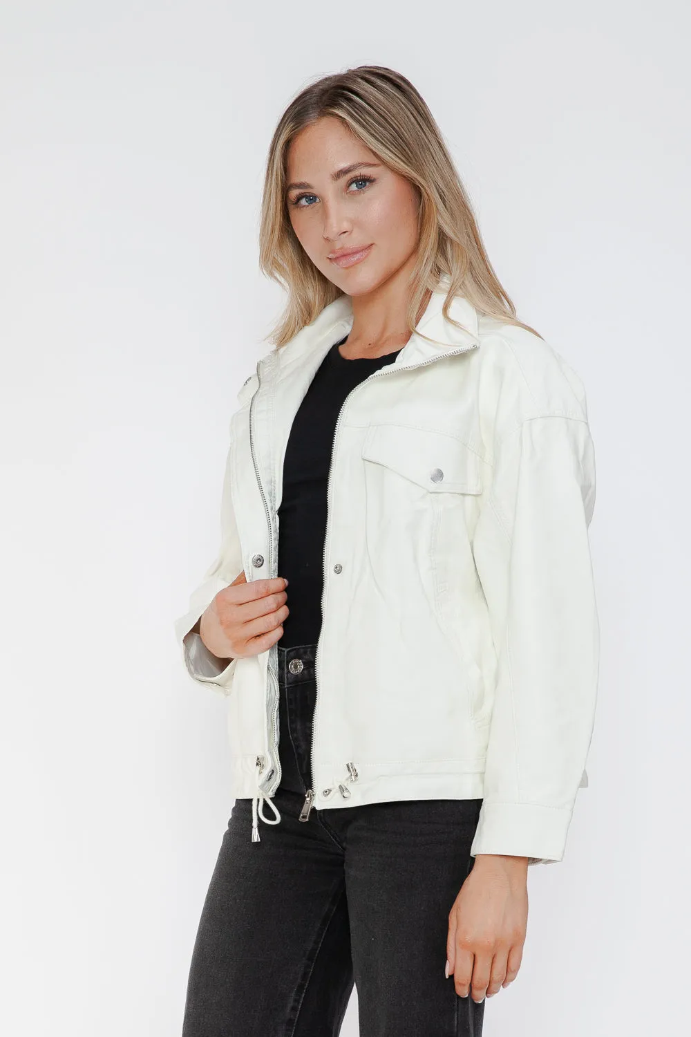 kesley How Dare U Drawstring Hem PU Leather Zip Up Jacket