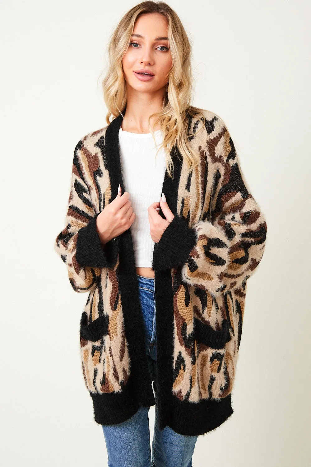 Leopard Pattern Button Down Long Sleeve Soft Loose Knit Sweater Cardigan