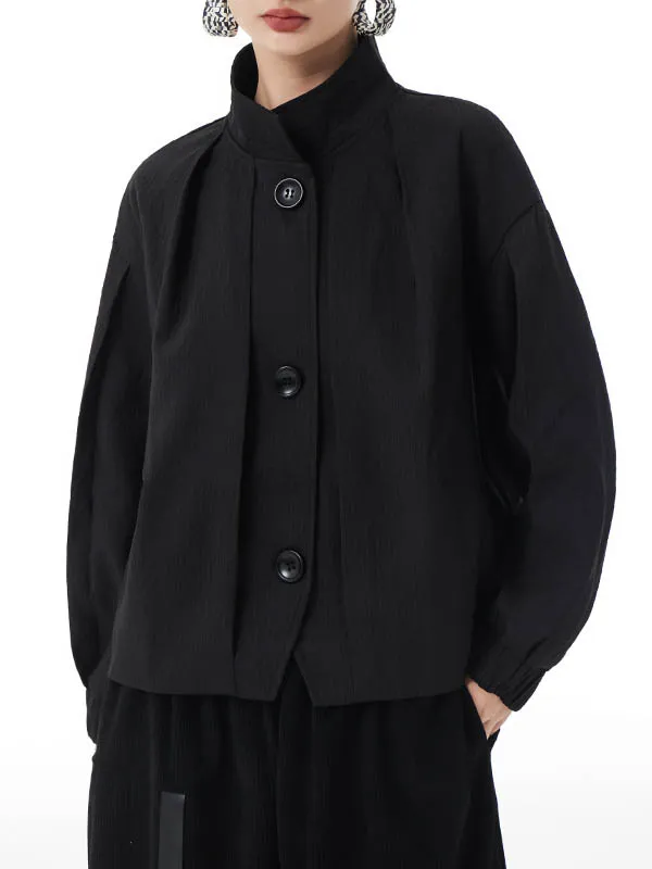 Long Sleeves Loose Buttoned Elasticity Pleated Stand Collar Jackets Outerwear