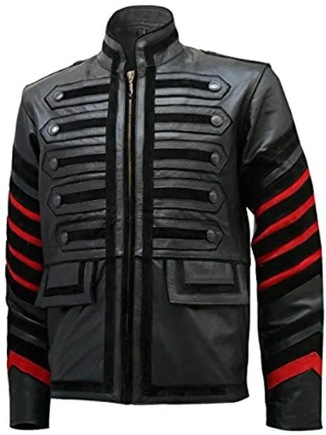 Men Black Military Leather Jacket