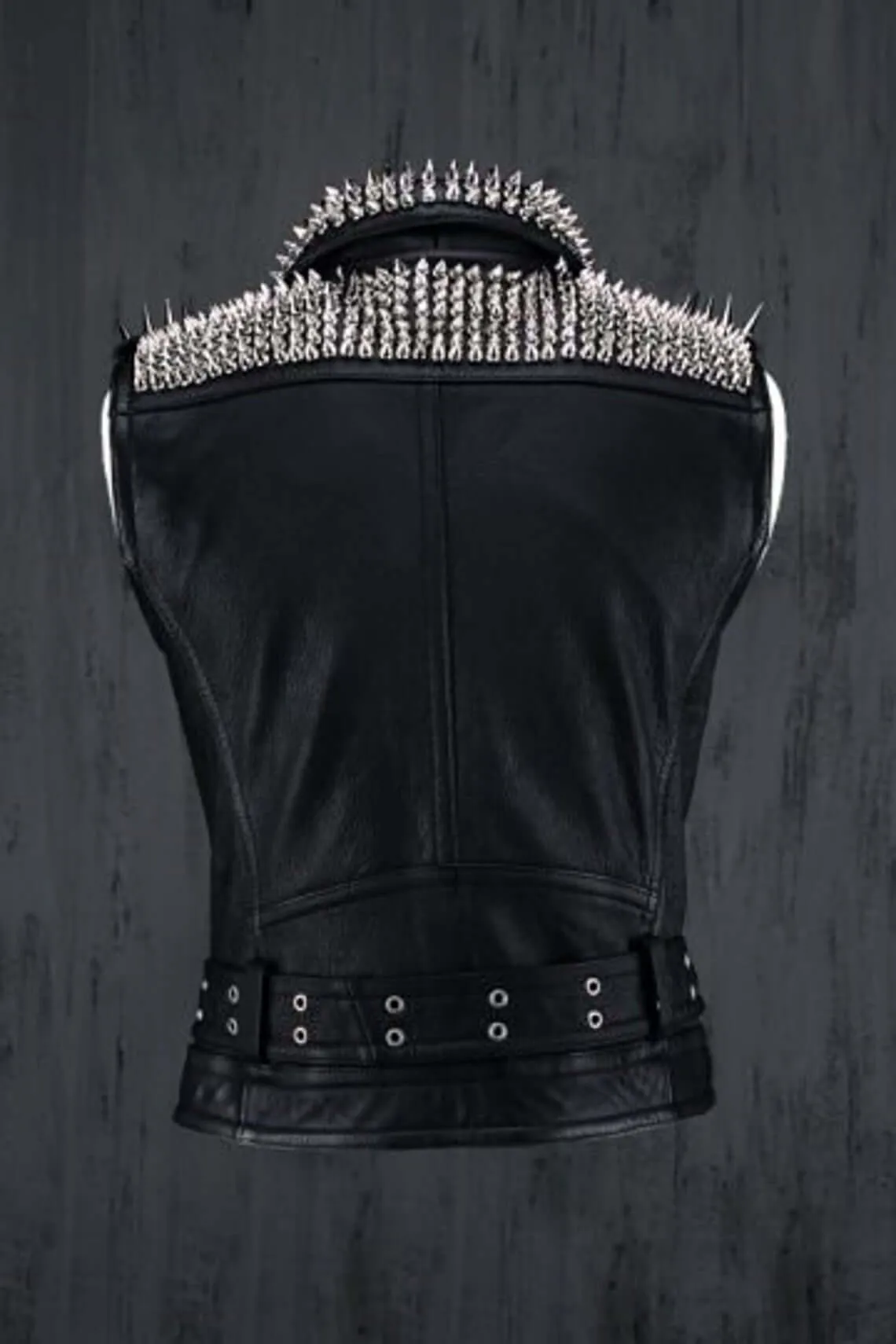 Men Black Punk Silver Long Spiked Studded Leather Buttons Up Vest Silver Studs and Spikes Black Leather Studs Spike