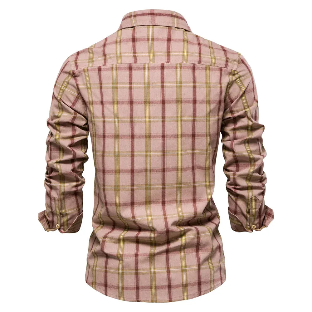 Men's Plaid Shirts 100% Cotton Checkered Long Sleeve Double Pockets Shirts for Men Fashion Social Business Men Shirts