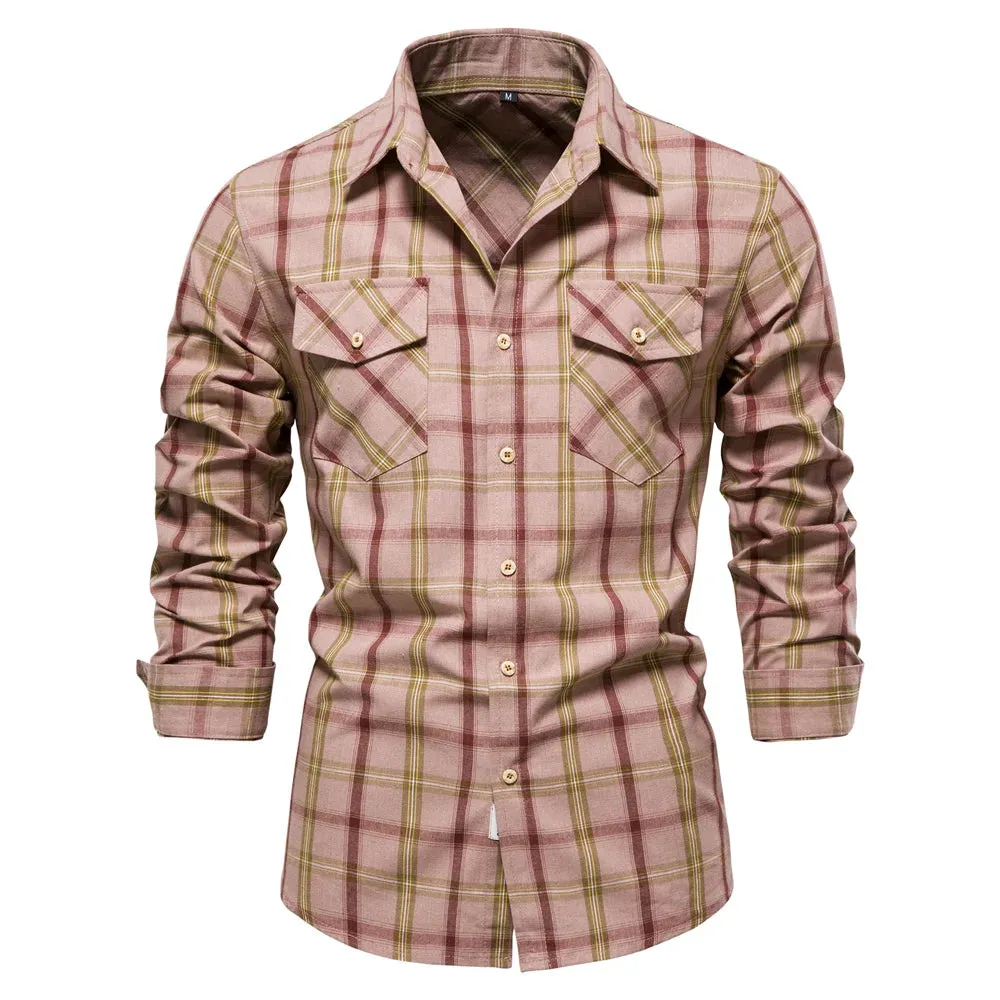 Men's Plaid Shirts 100% Cotton Checkered Long Sleeve Double Pockets Shirts for Men Fashion Social Business Men Shirts