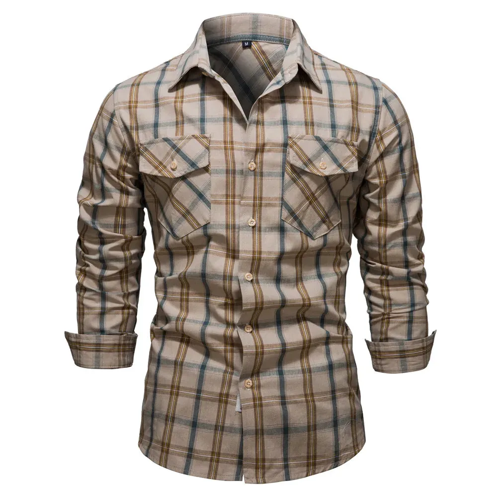 Men's Plaid Shirts 100% Cotton Checkered Long Sleeve Double Pockets Shirts for Men Fashion Social Business Men Shirts