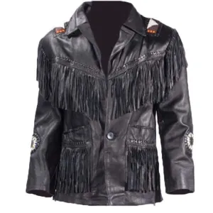 MENS WESTERN TRAPPER STYLE LEATHER JACKET FRINGES BEADS