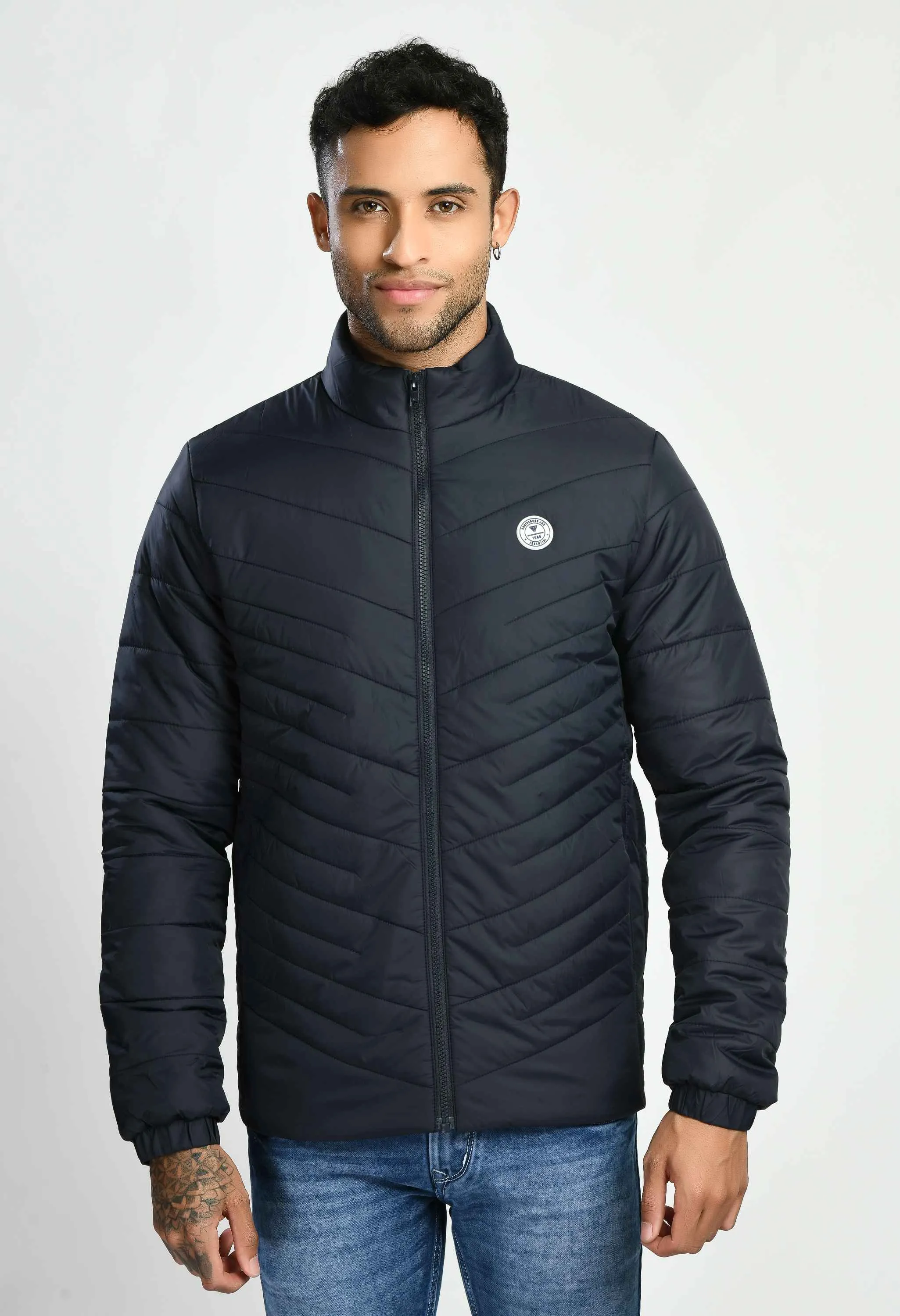 Navy Blue Quilted Bomber Jacket