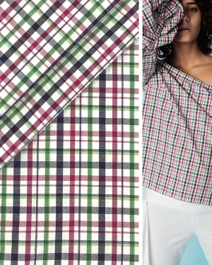 Navy Pink Green Check Plaid Fabric | Multi Color Cotton Tattersall