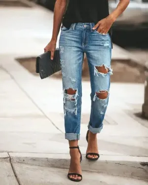 New casual washed ripped straight leg street style jeans