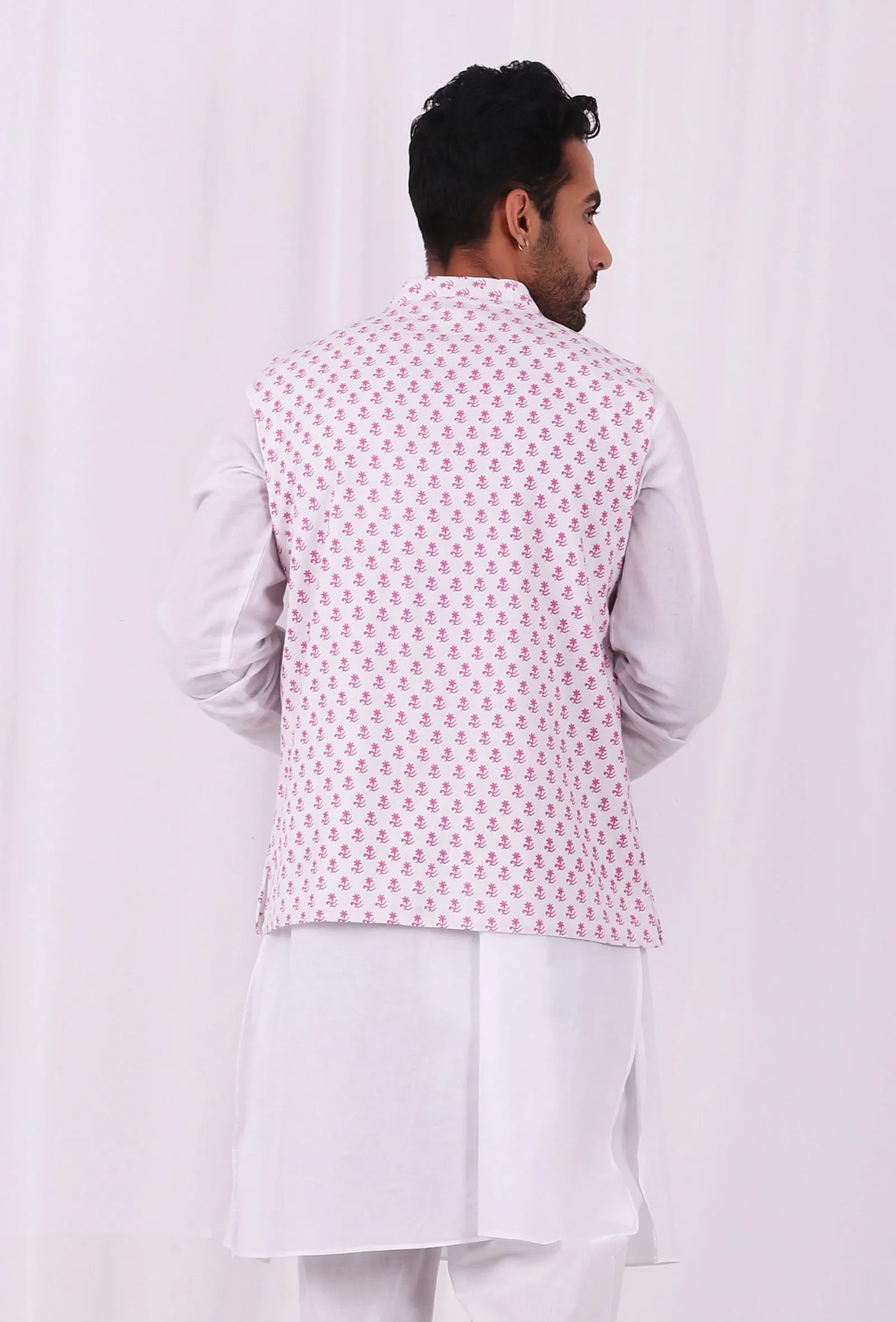 Pink Tiny Floral Motif Hand Block Nehru Jacket