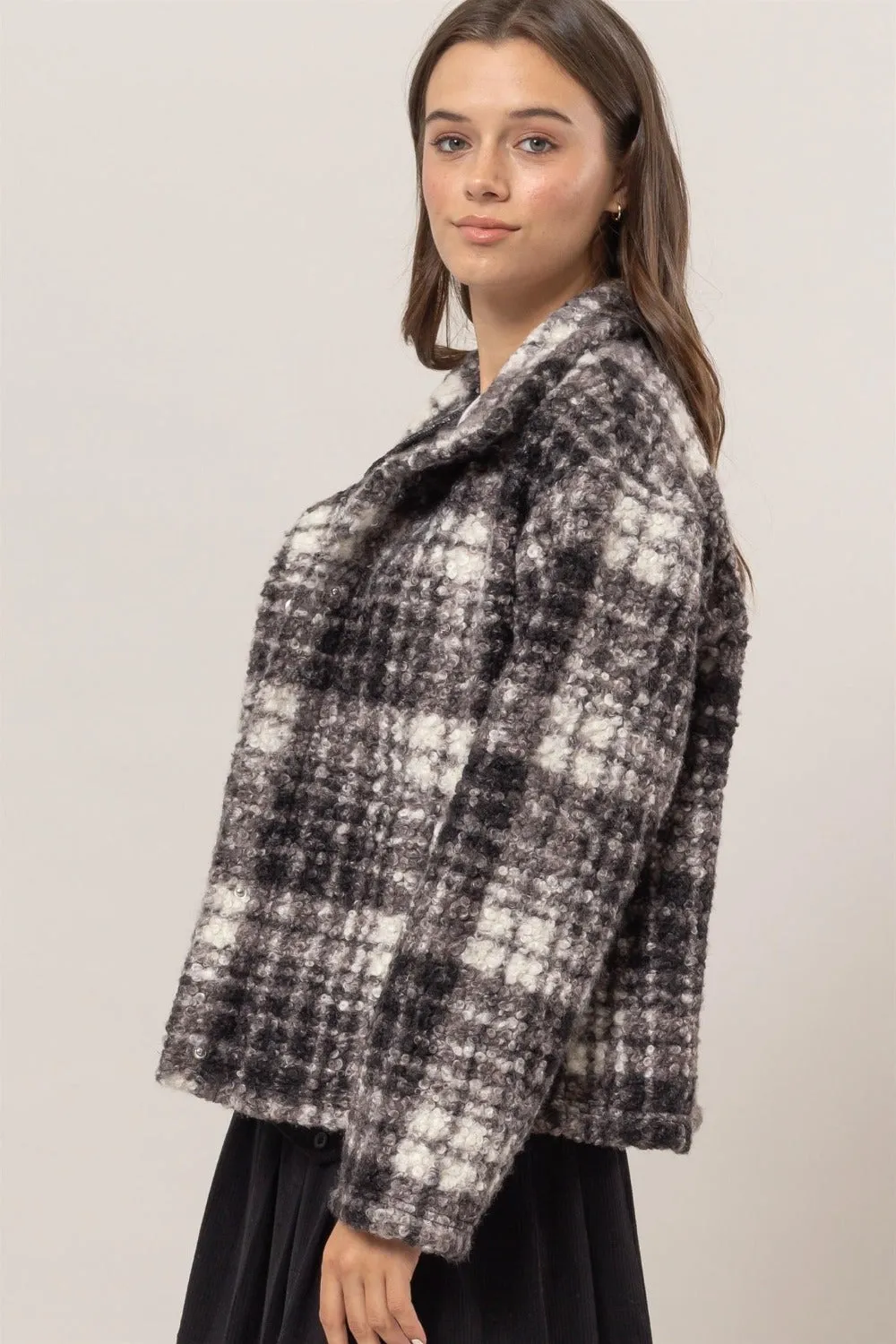 Plaid Collared Neck Boucle Jacket with Pockets