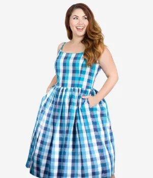 Plus Size 1950s Blue Picnic Plaid Sandra Swing Dress