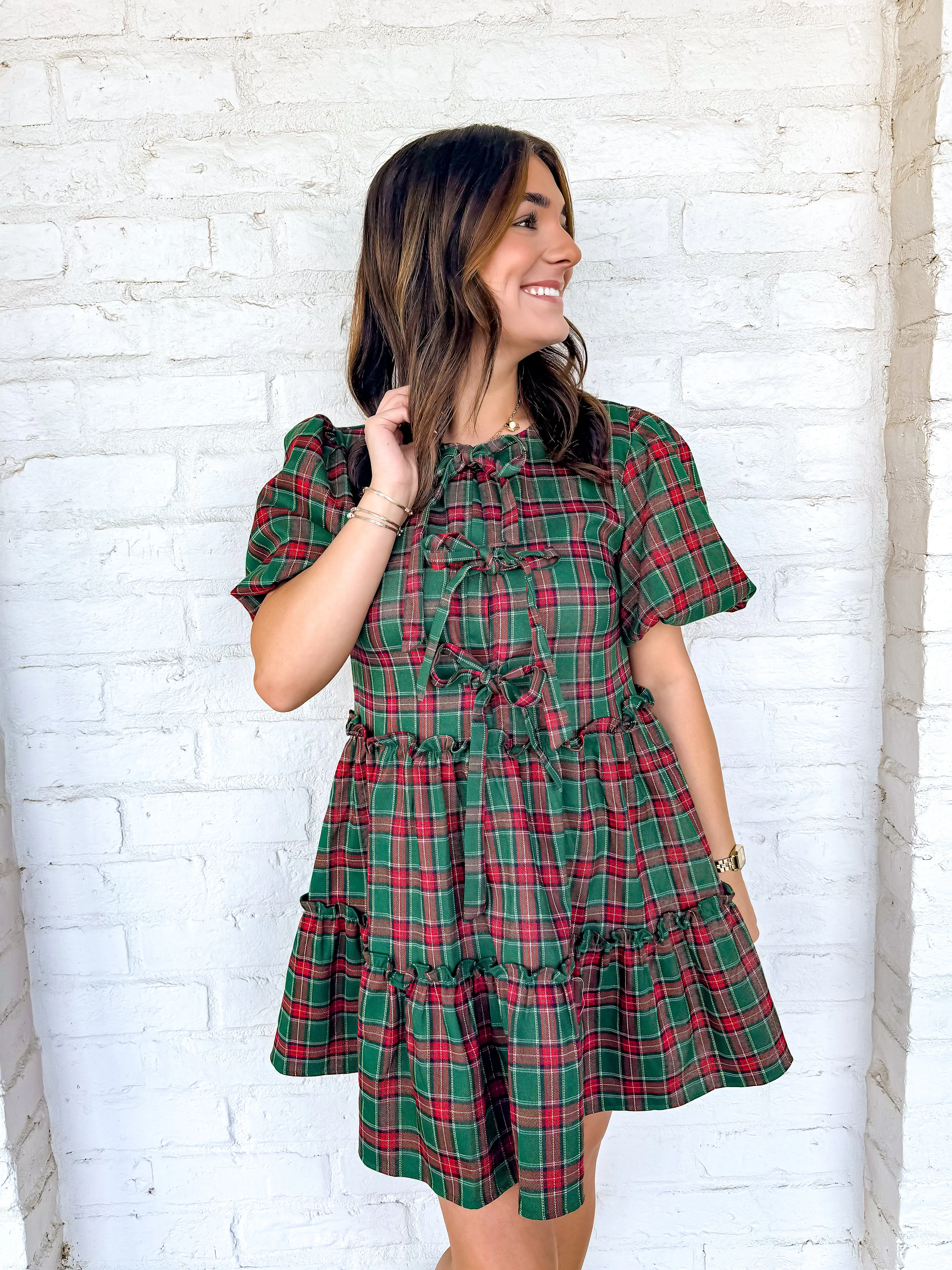 Queen Of Christmas Plaid Bow Dress Green