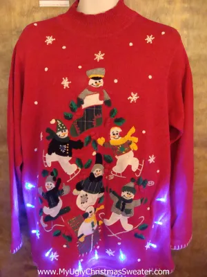 Red Light Up Ugly Xmas Sweater with Snowman Pyramid