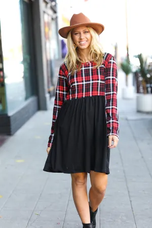 Red Plaid Black Long Sleeve Babydoll Dress