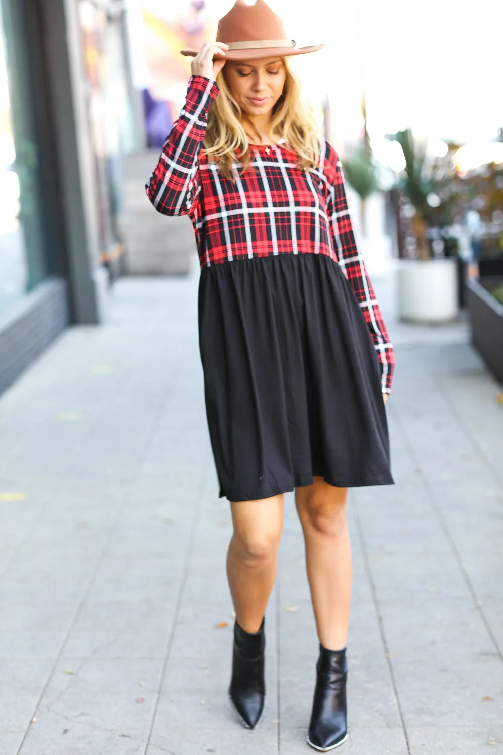 Red Plaid Black Long Sleeve Babydoll Dress