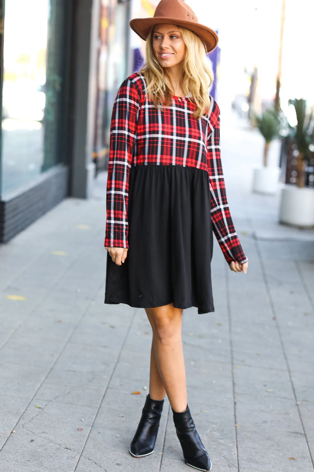 Red Plaid Black Long Sleeve Babydoll Dress