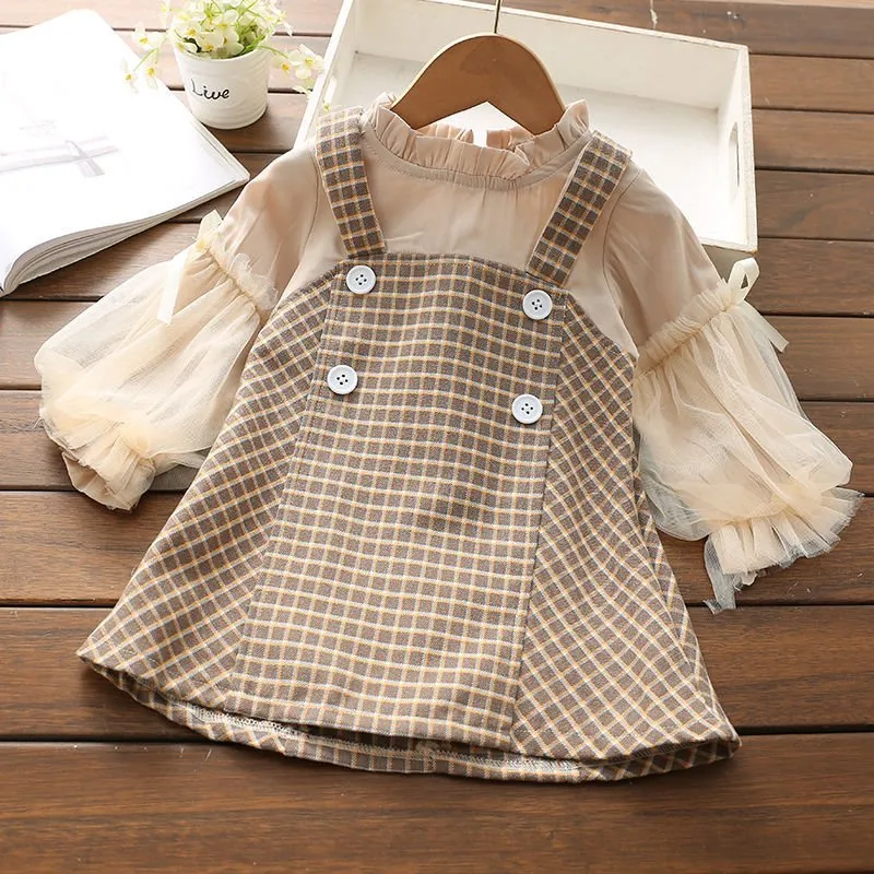 Retro Plaid Pinafore Set with Ruffle Blouse