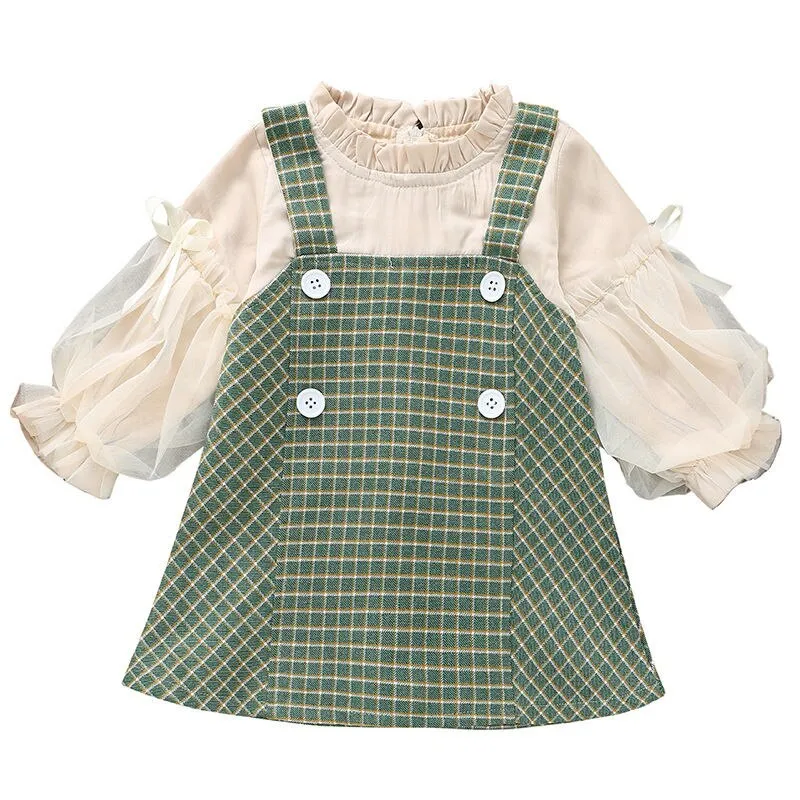 Retro Plaid Pinafore Set with Ruffle Blouse