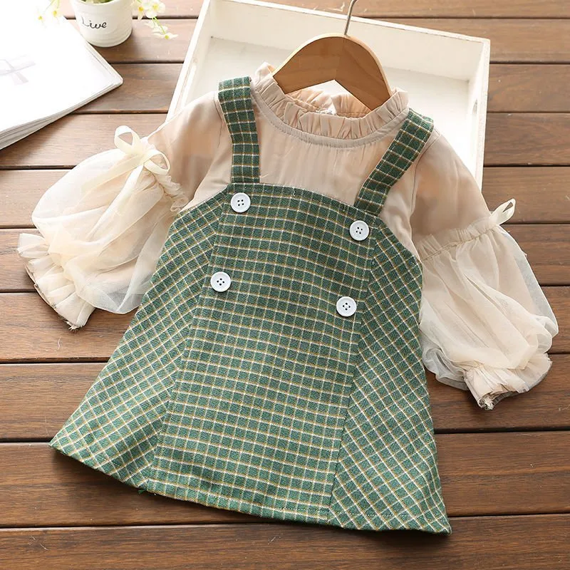 Retro Plaid Pinafore Set with Ruffle Blouse