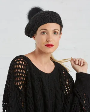 SAANS Wool Beret with Upcycled Fur Pom