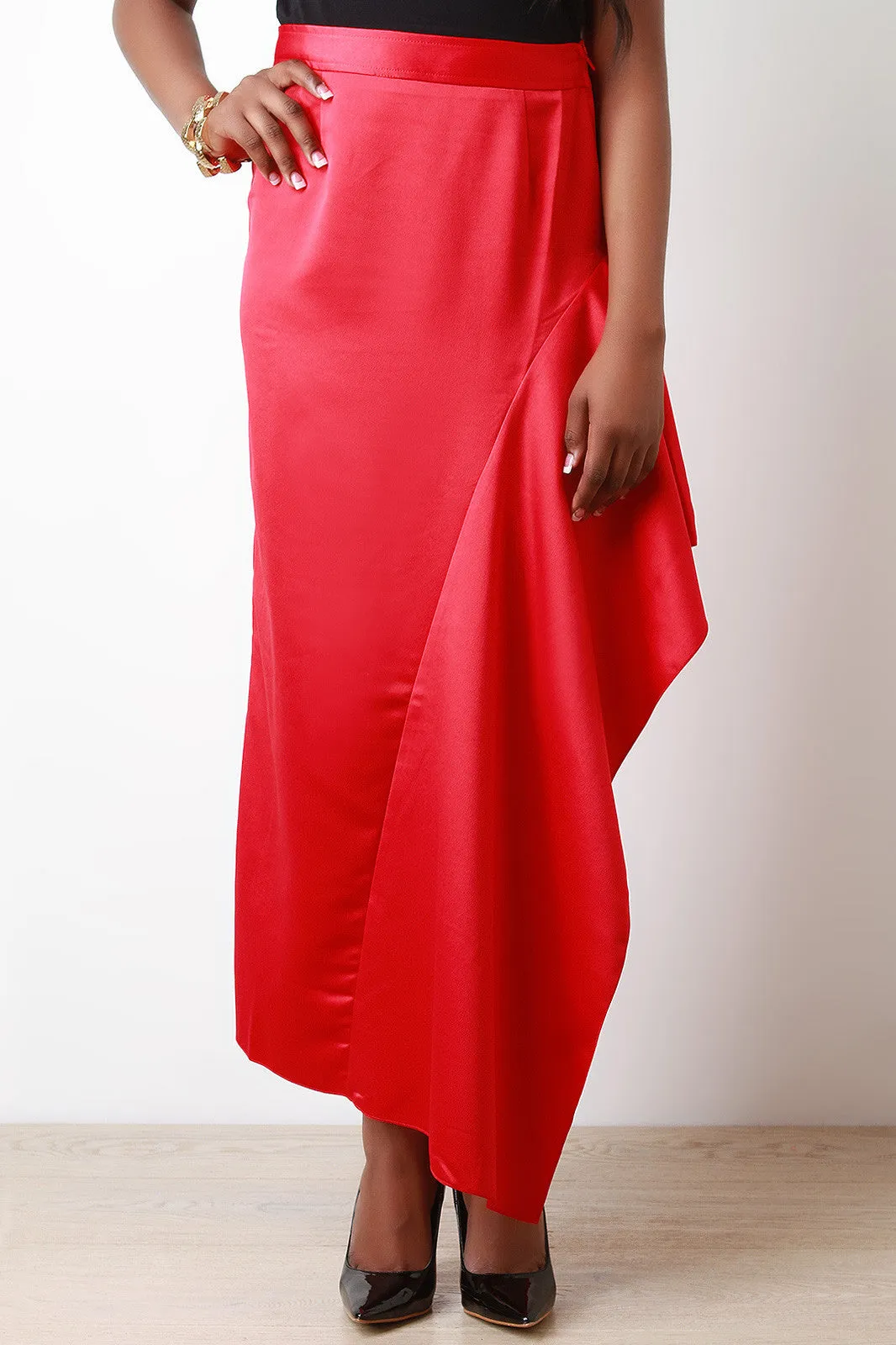 Satin Asymmetrical Drape Midi Skirt