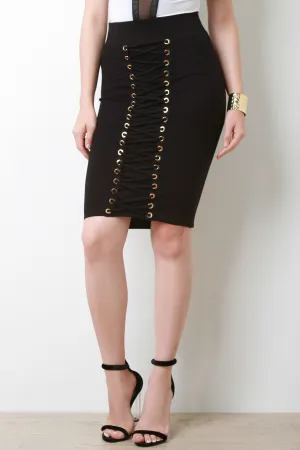 Stretchy High Waist Front Eyelet Lace-Up Skirt