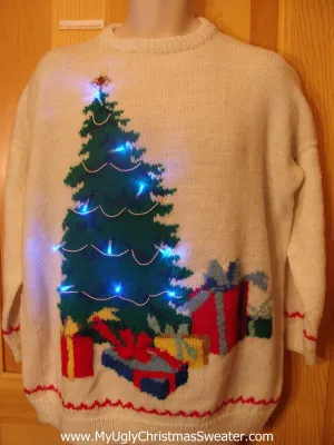 Tacky Light Up Christmas Sweater 80s Tree with Gifts